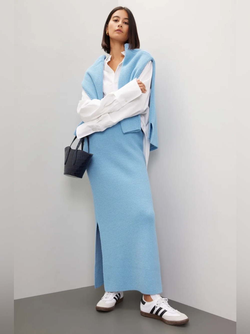 Suboo Ribbed Wool Blend Knit Maxi Skirt in Light Blue
